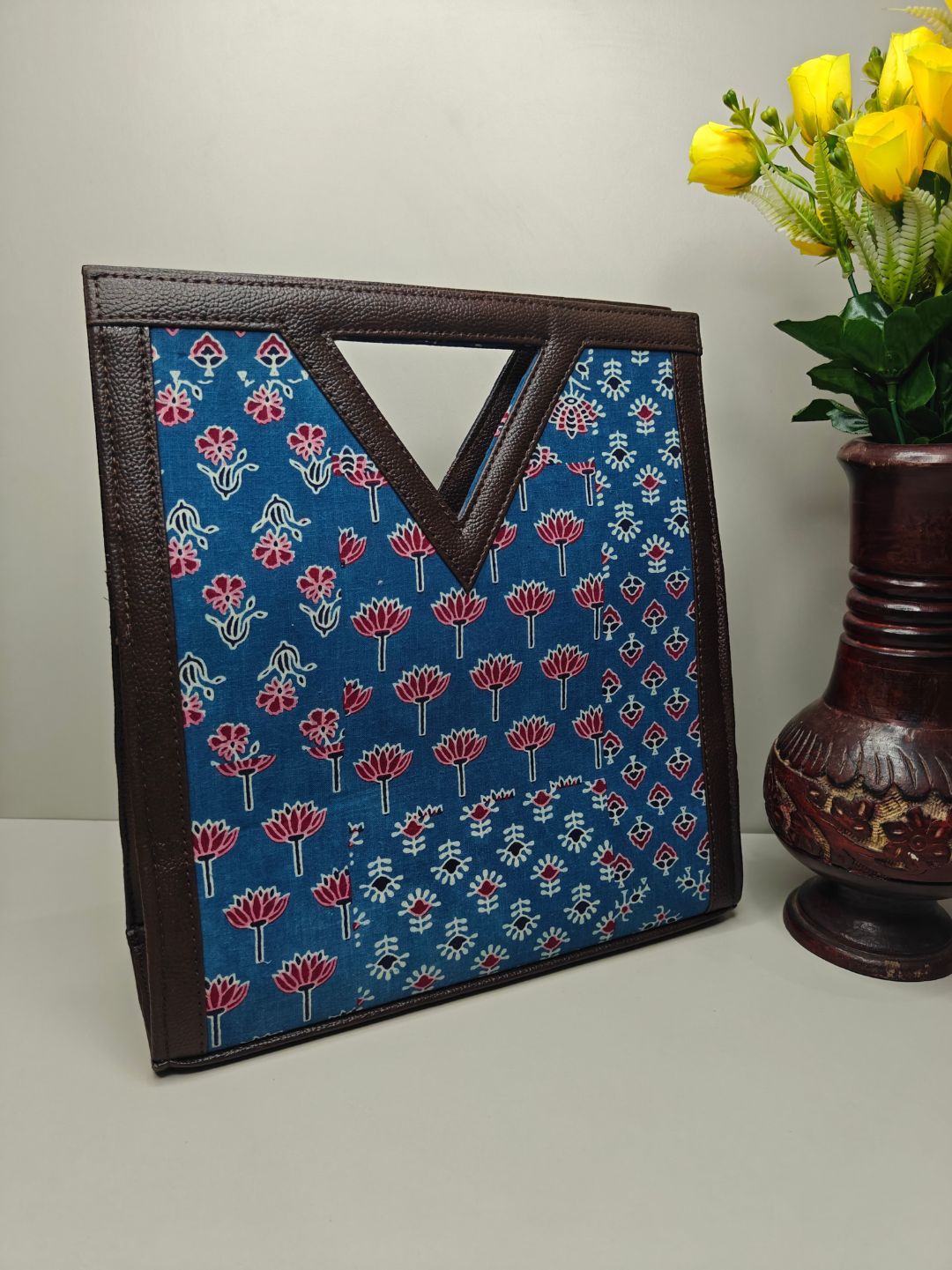 Patch Design Ajrakh PrintCotton Fabric Kit-Kat (V Cut) Hand Bag