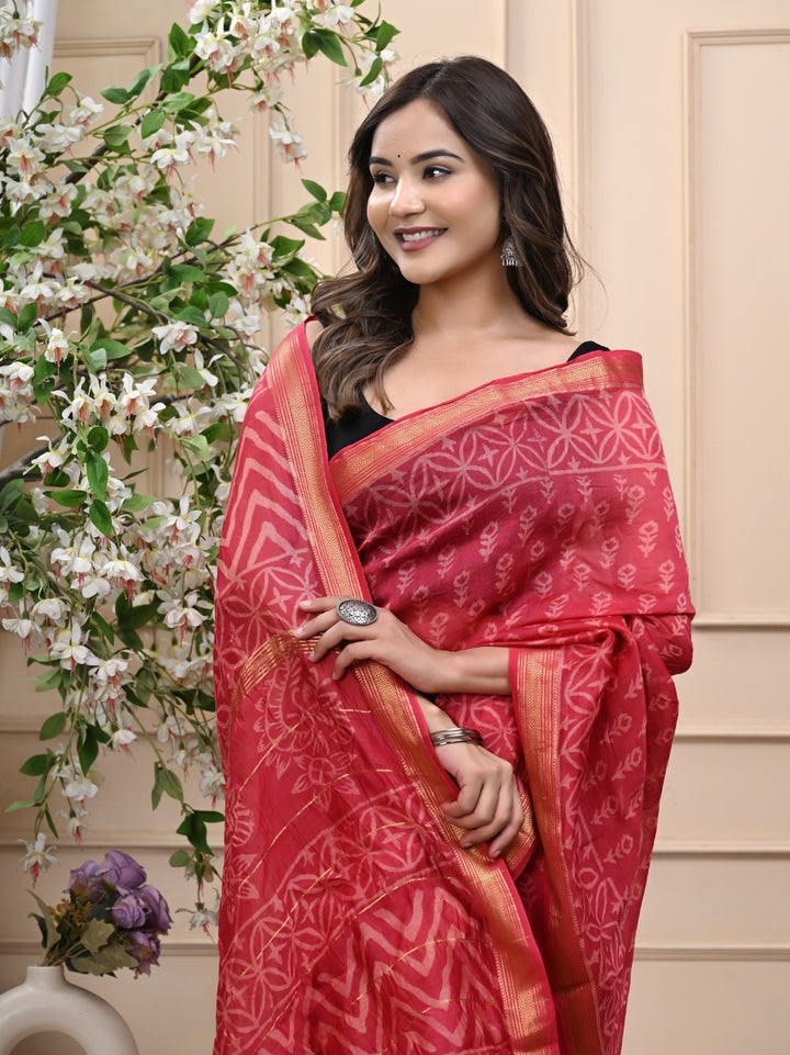 Reddish Pink Handblock Printed Maheshwari Silk Saree with Blouse