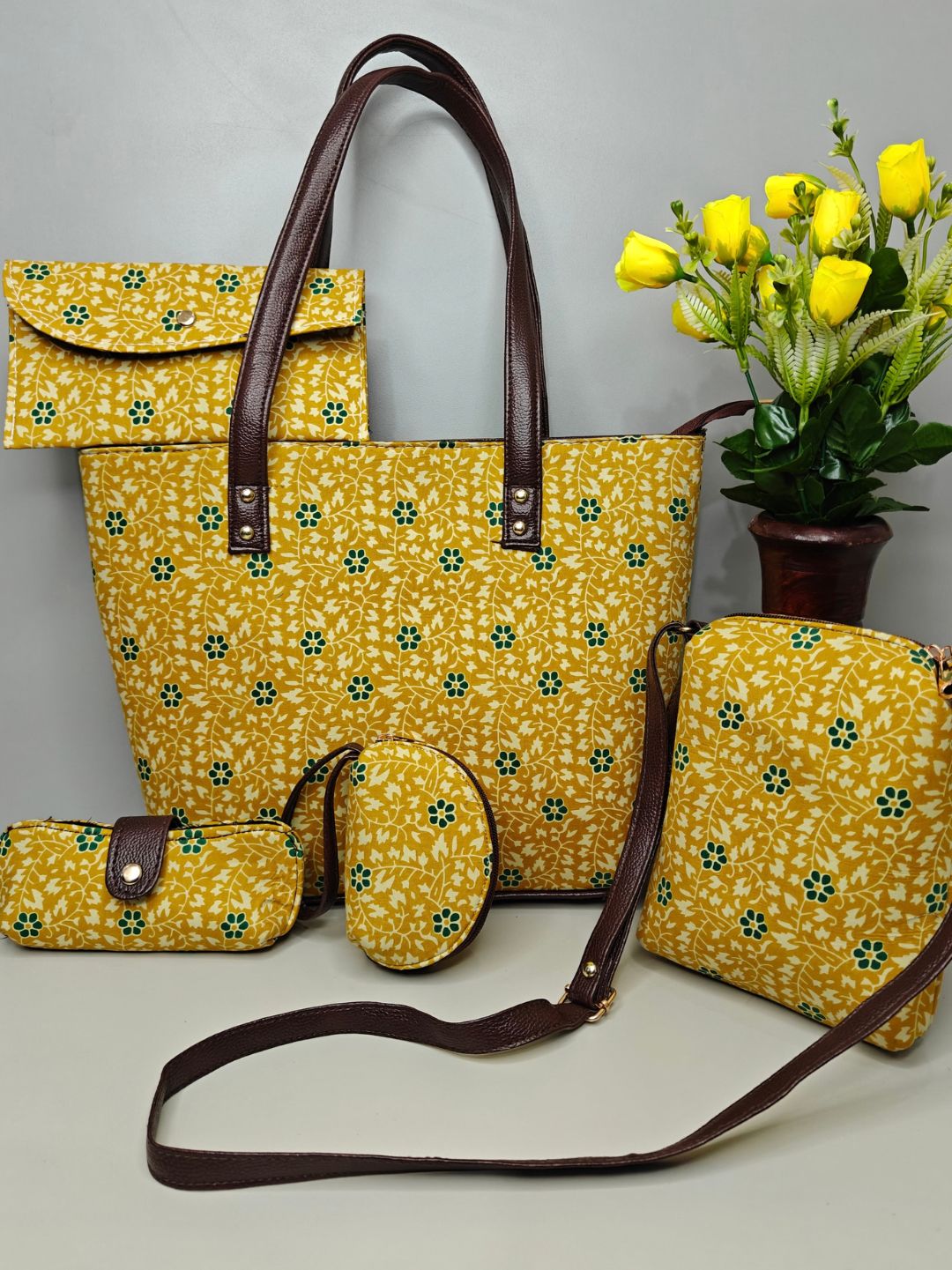 Yellow Bagru Cotton 5-piece Combo Set Hand Bags