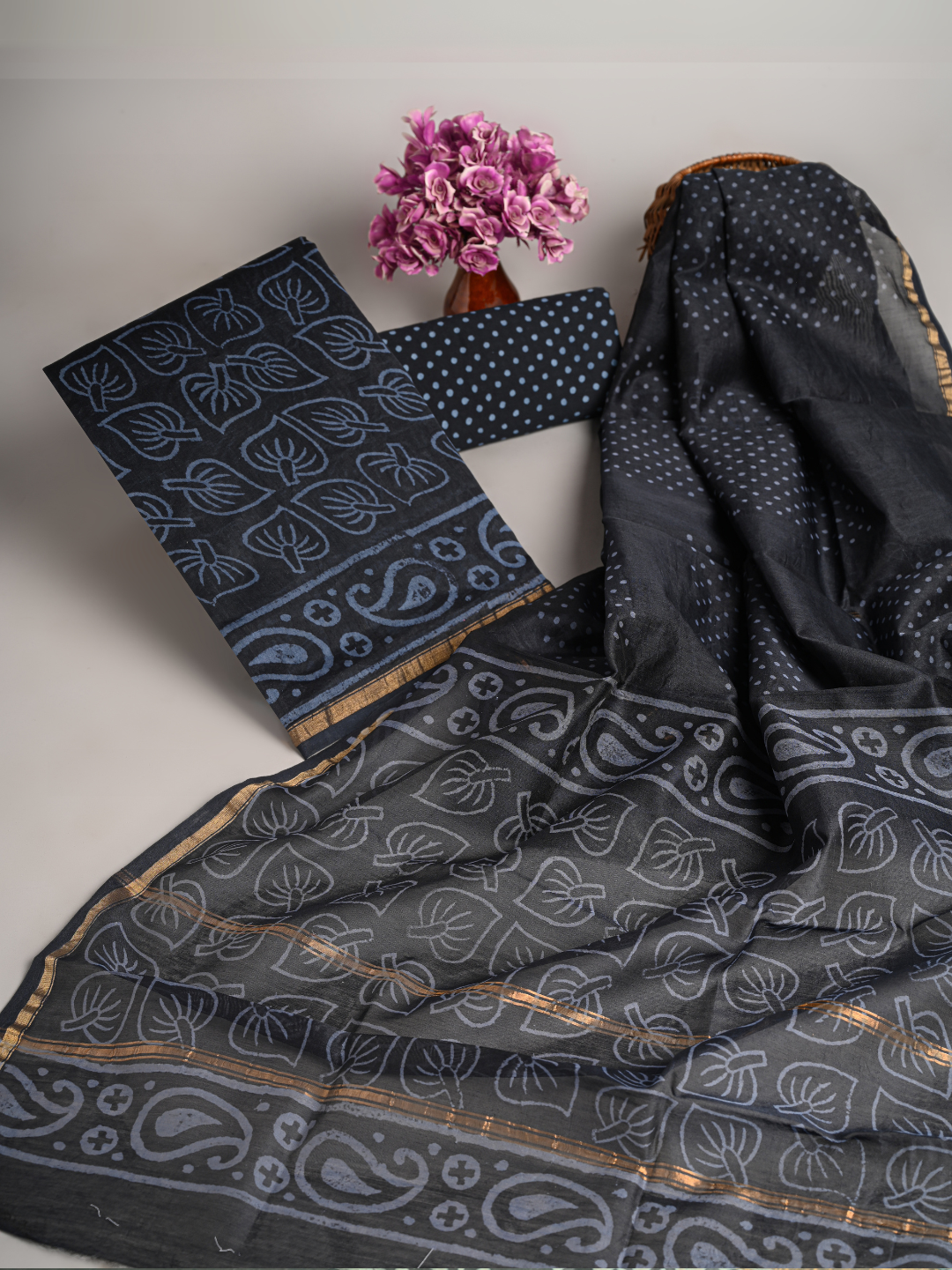 Exclusive Black Hand-Block Printed Chanderi Silk Suits