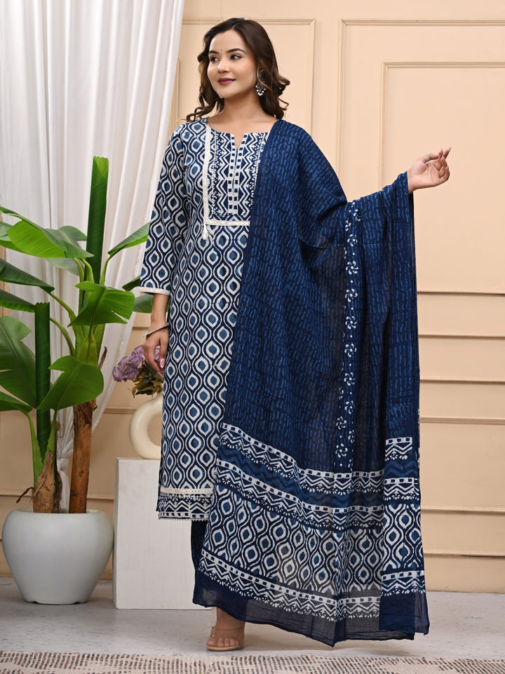 Indigo Bagru Handblock Printed Cotton Suit With Mulmul Dupatta