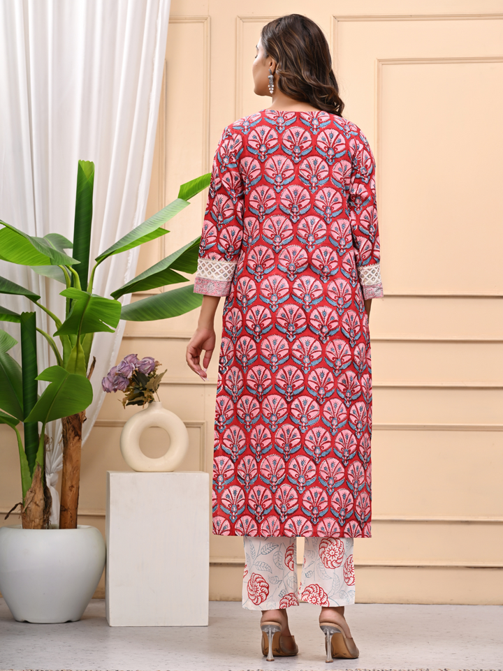 Red Bagru Print Cotton Stitched Suit with Mulmul Dupatta