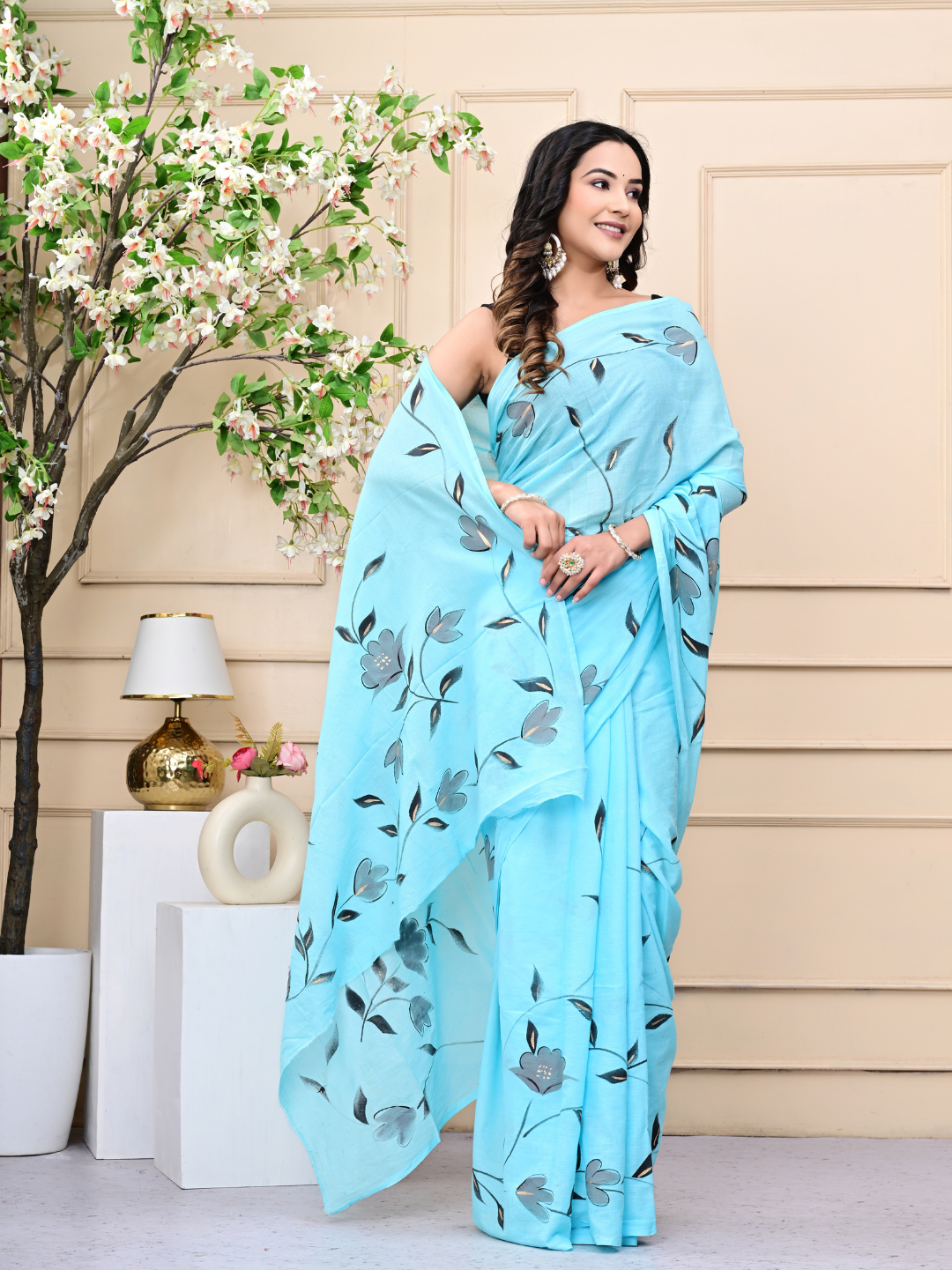 Sky Blue Hand-Brush Print Mulmul Cotton Saree