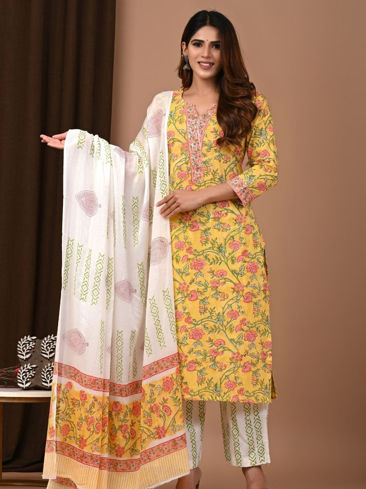 Yellow Rapid Hand Block Printed Cotton Suit