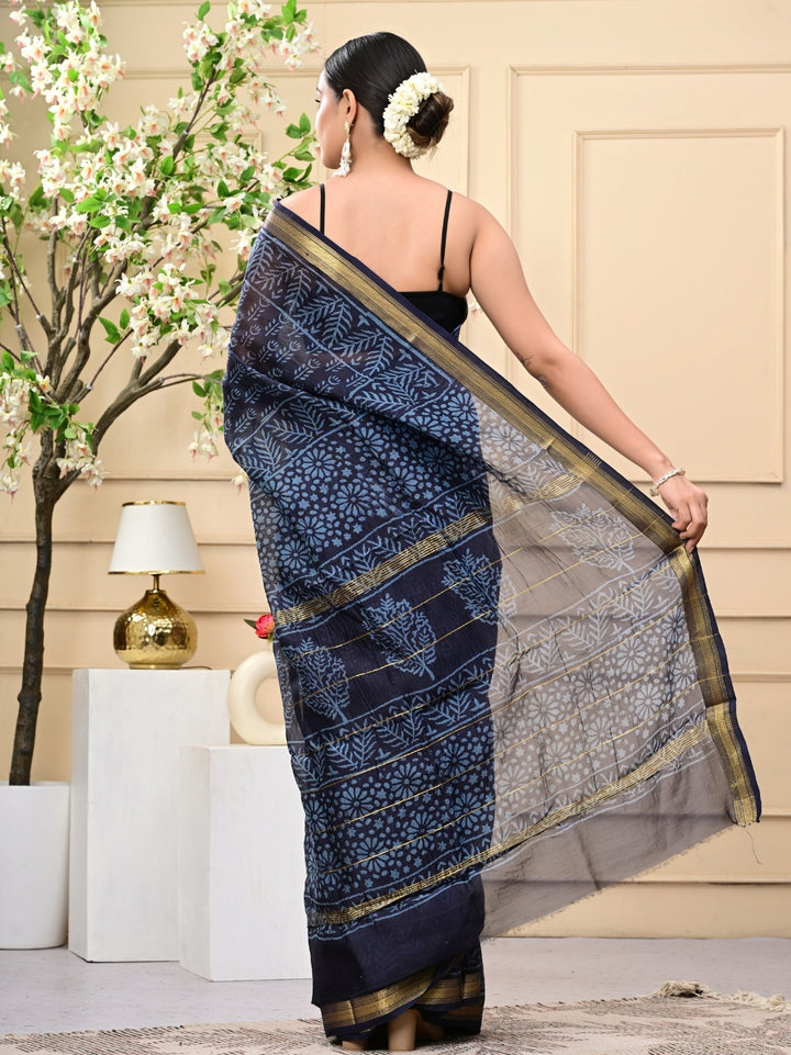 Dark Blue Handblock Printed Maheshwari Silk Sarees