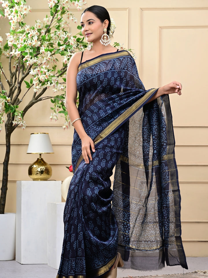 Dark Blue Handblock Printed Maheshwari Silk Sarees