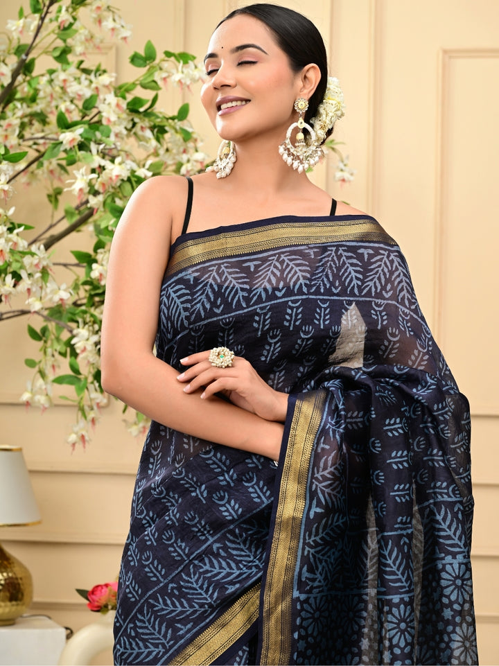 Dark Blue Handblock Printed Maheshwari Silk Sarees