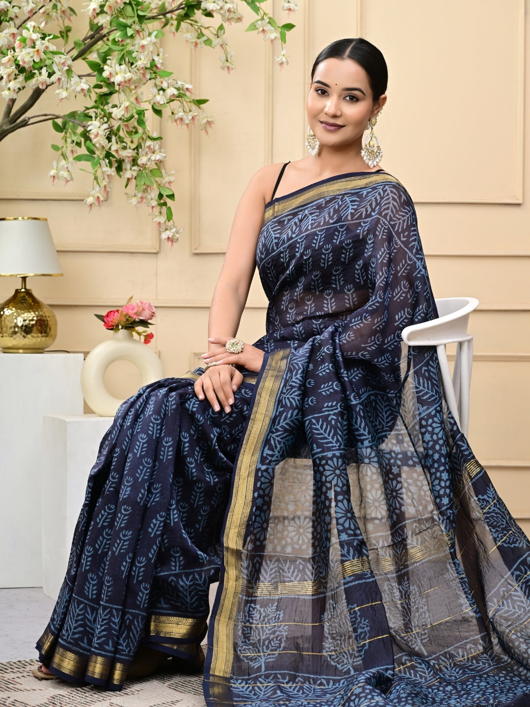 Dark Blue Handblock Printed Maheshwari Silk Sarees