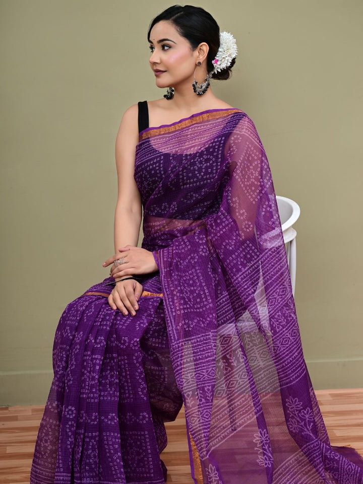 Bandhej Design Purple HandBlock Pure Kota Doriya Saree
