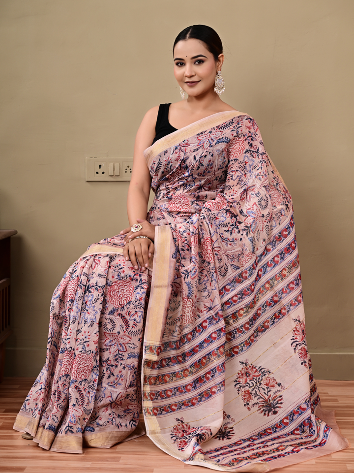 Bagru Block Printed Maheshwari Silk Saree