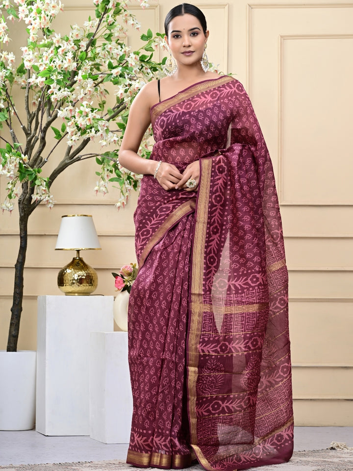 Wine Handblock Printed Maheshwari Silk Sarees With Blouse