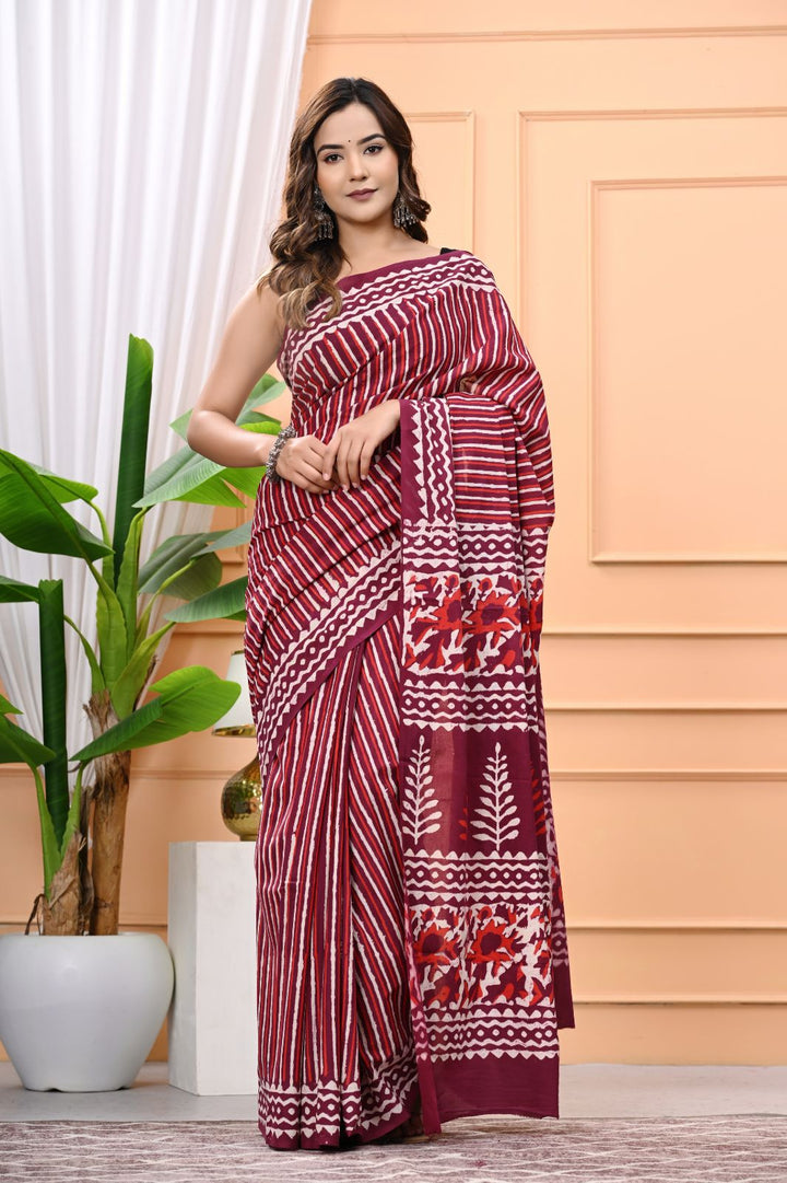 Lines Design Hand Block Printed Mulmul Cotton Saree