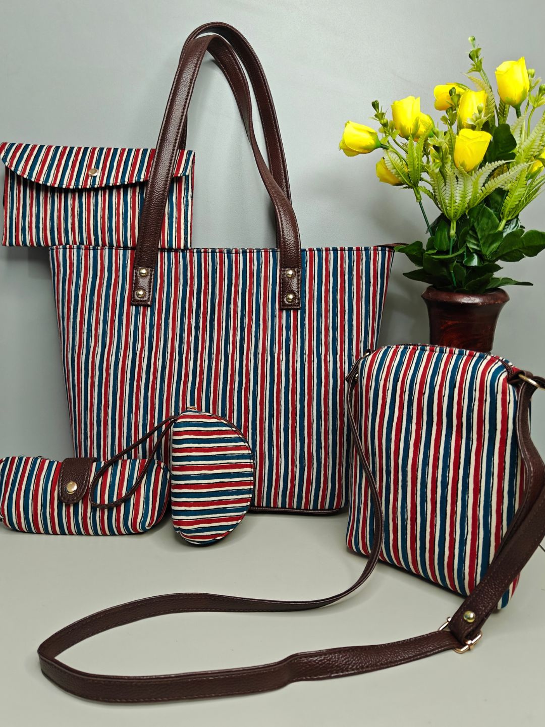 Standing Line Design Cotton HandBlock 5 Piece Combo Hand Bags