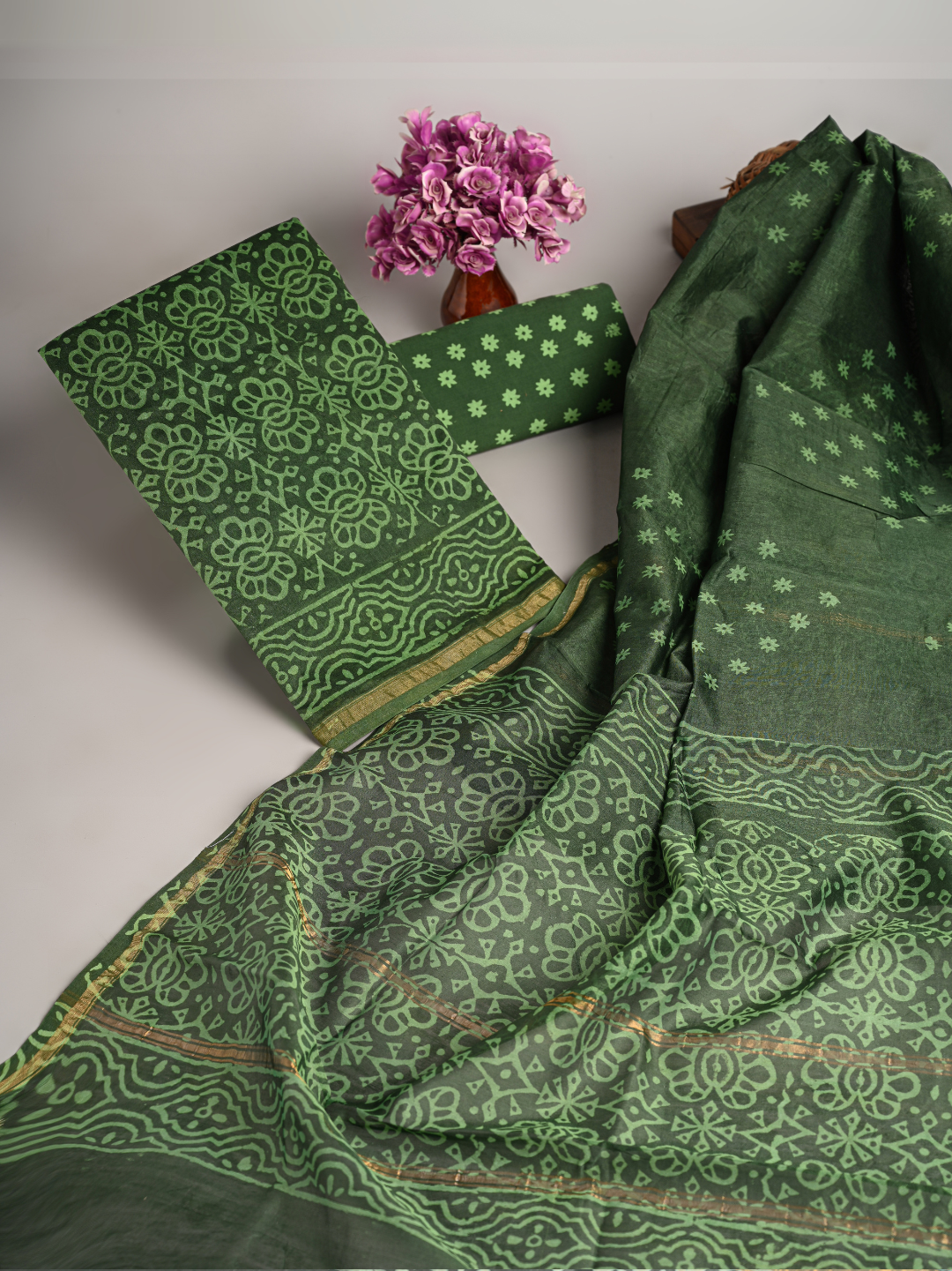 Green Hand-Block Printed Chanderi Silk Suits