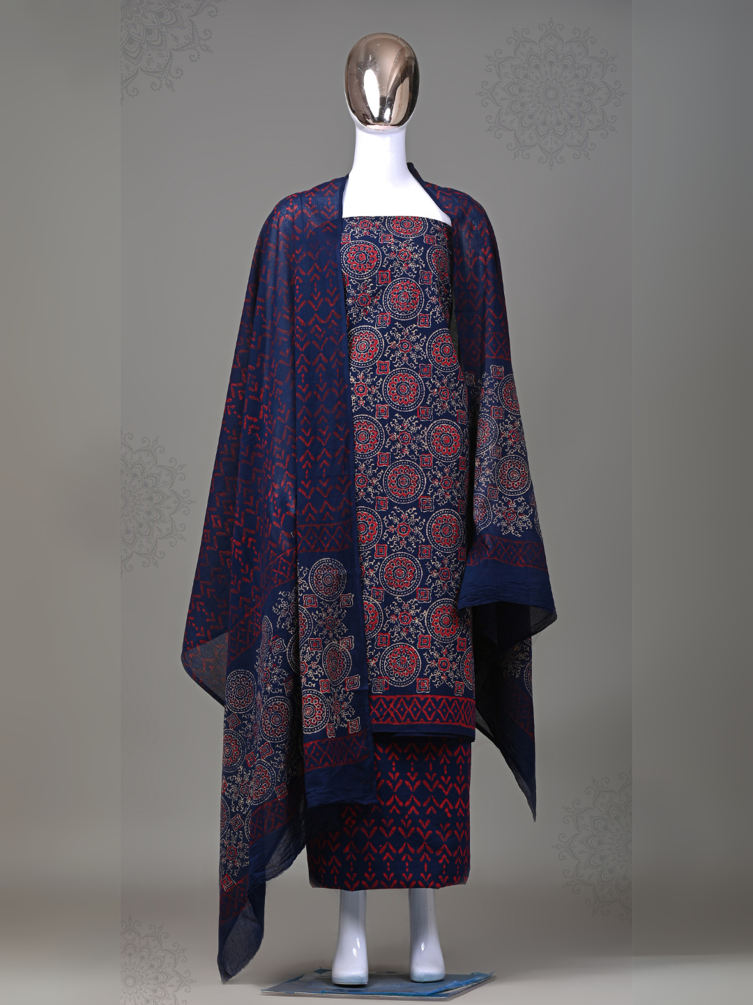 Navy Blue Ajrakh Print Cotton Suit with Mulmul Cotton Dupatta