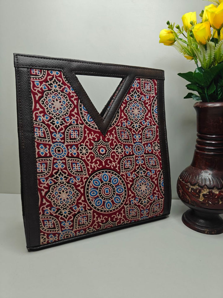 Ajrakh Jaal Cotton Fabric Kit-Kat (V Cut) Hand Bag