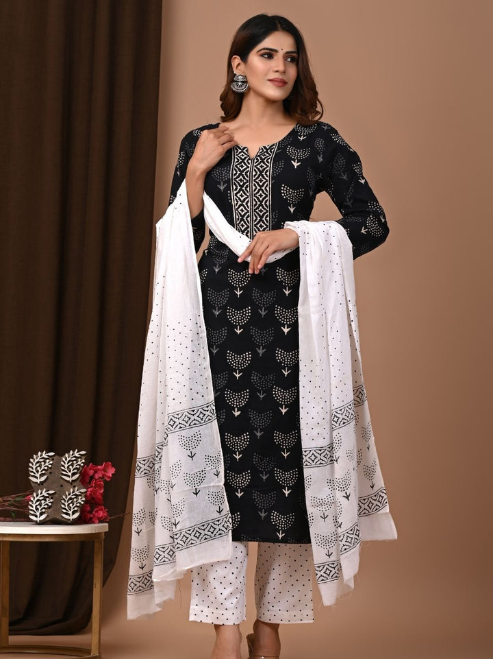 Black & White Handblock Printed Cotton Suit Set