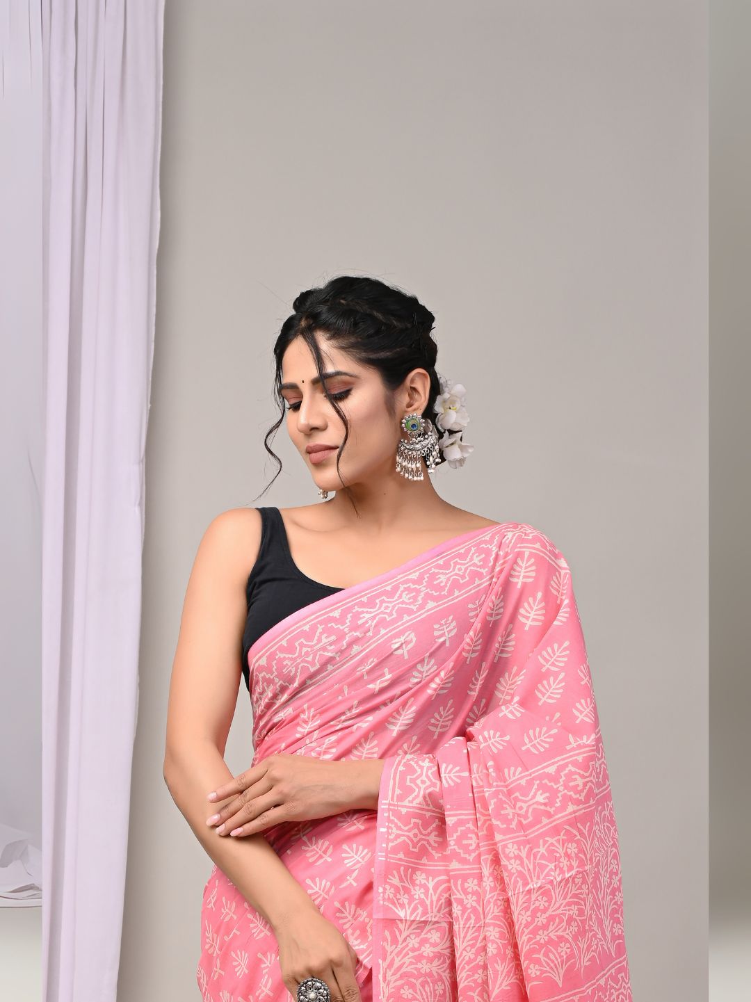 Baby Pink Bagru Handblock Printed Mulmul Cotton Saree