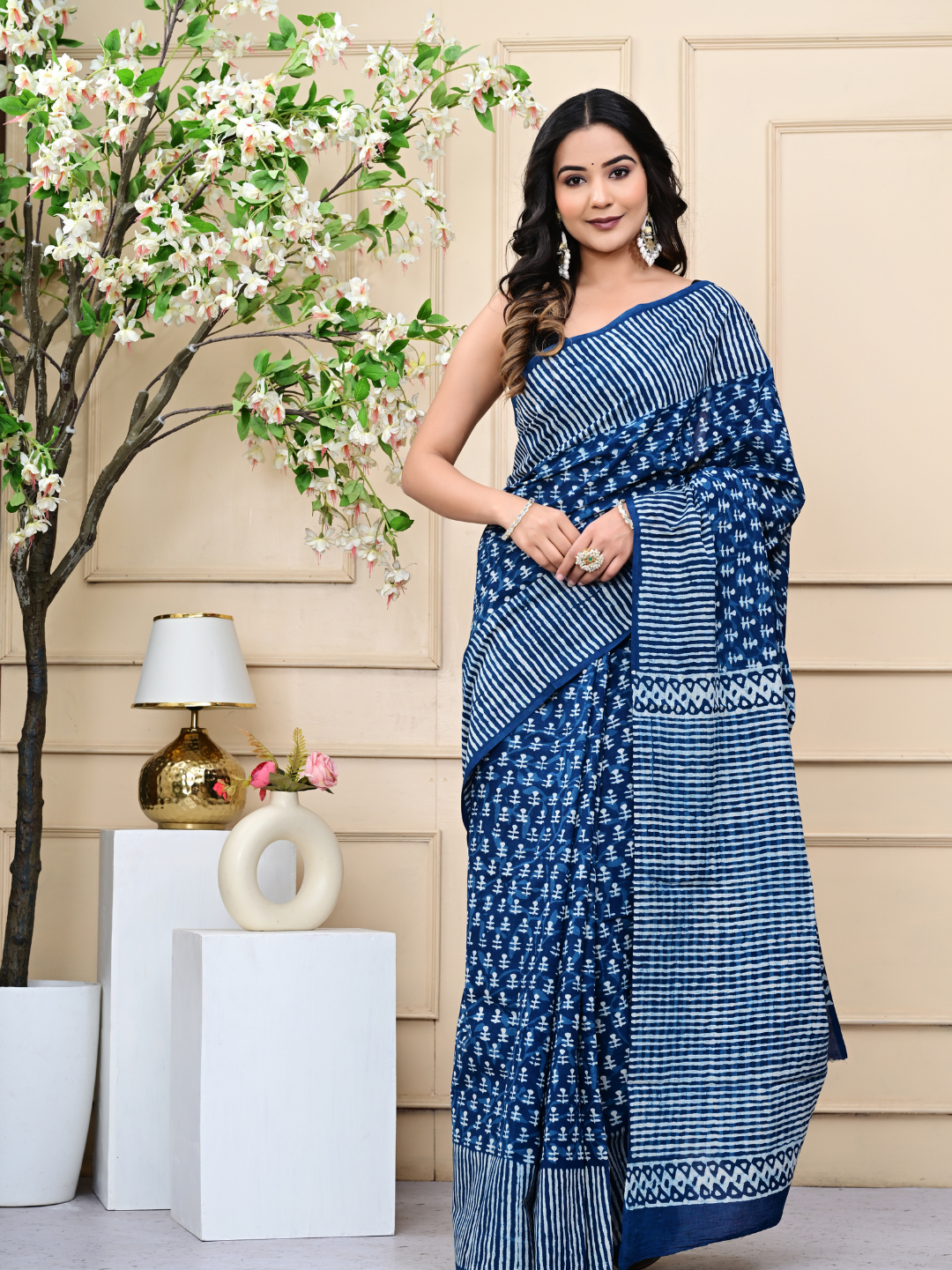 Traditional Indigo Fashion Mulmul Cotton Saree