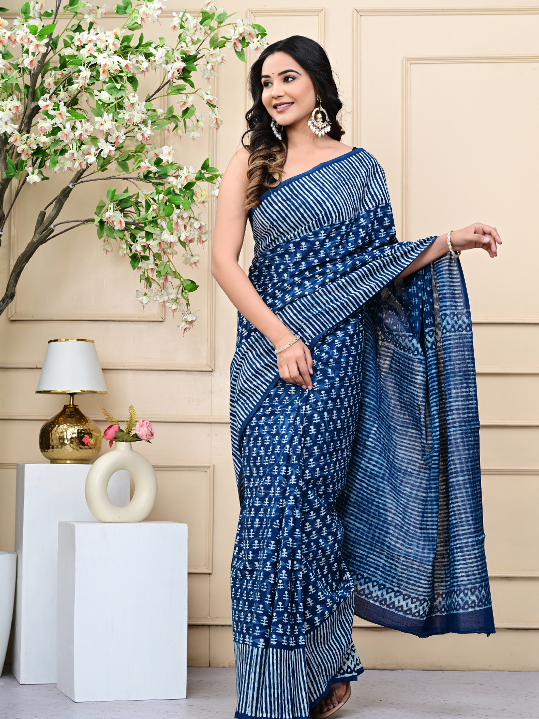 Traditional Indigo Fashion Mulmul Cotton Saree