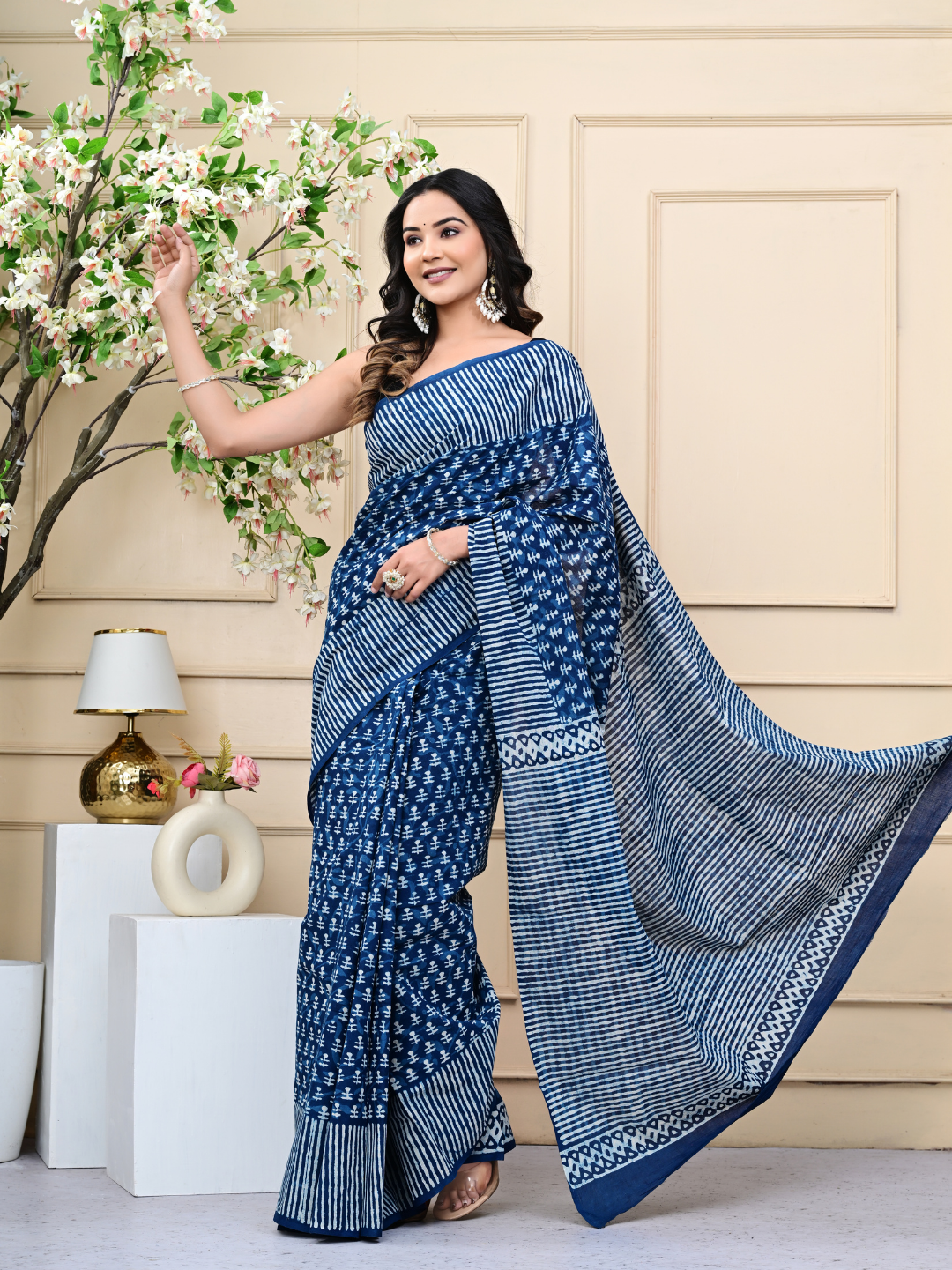 Traditional Indigo Fashion Mulmul Cotton Saree