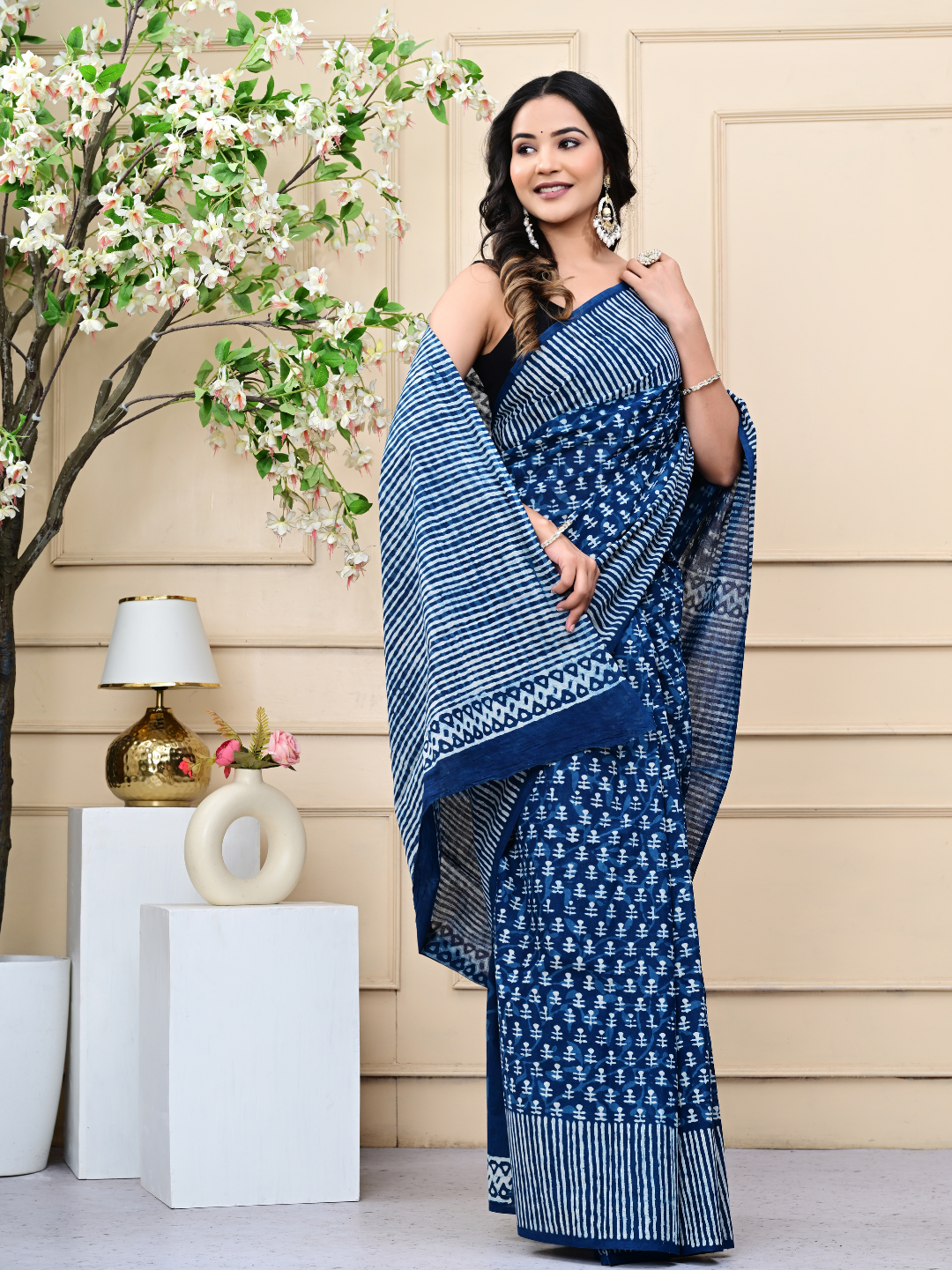 Traditional Indigo Fashion Mulmul Cotton Saree