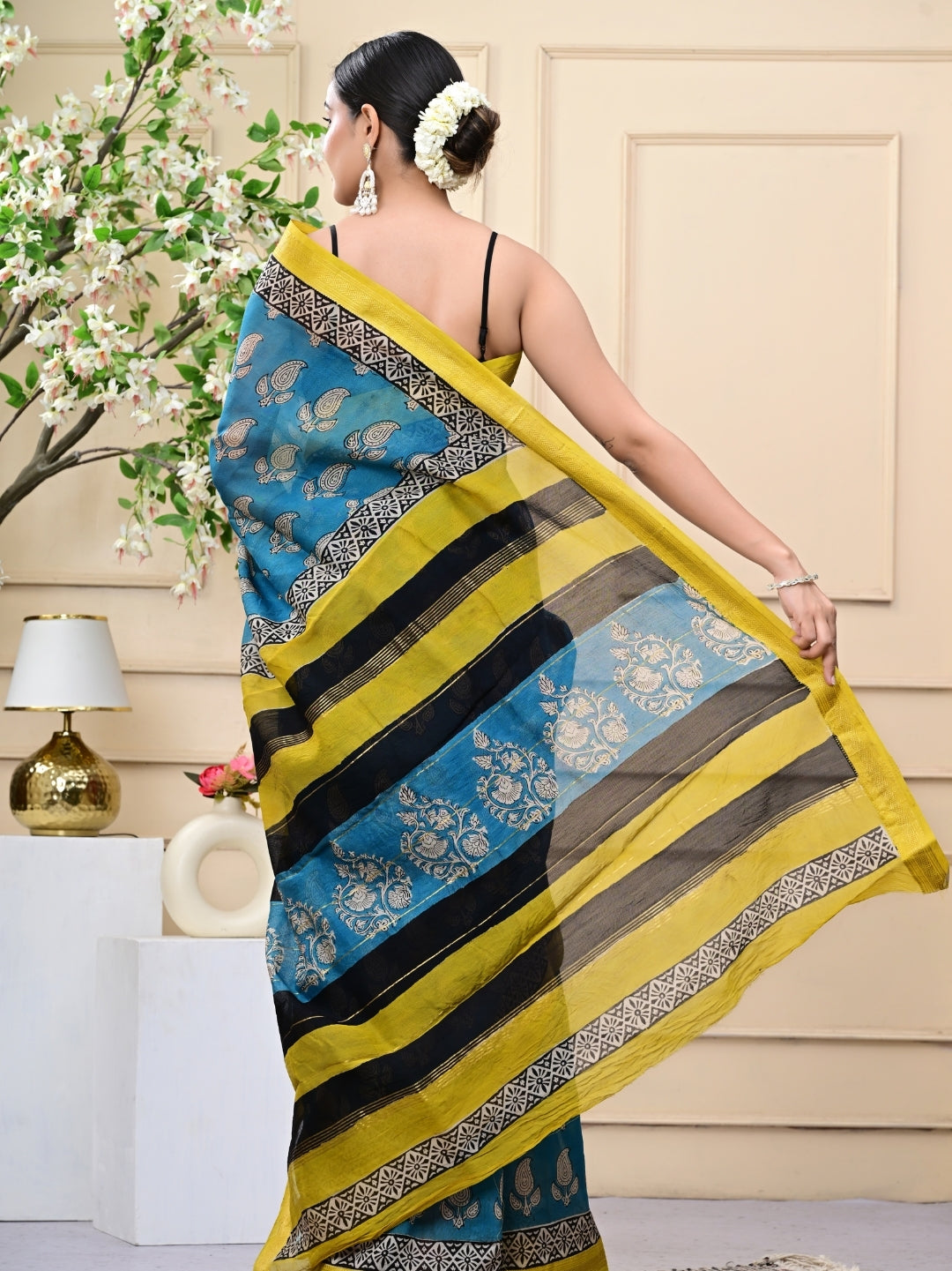 Carry Design Bagru Handblock Printed Maheshwari Silk Sarees