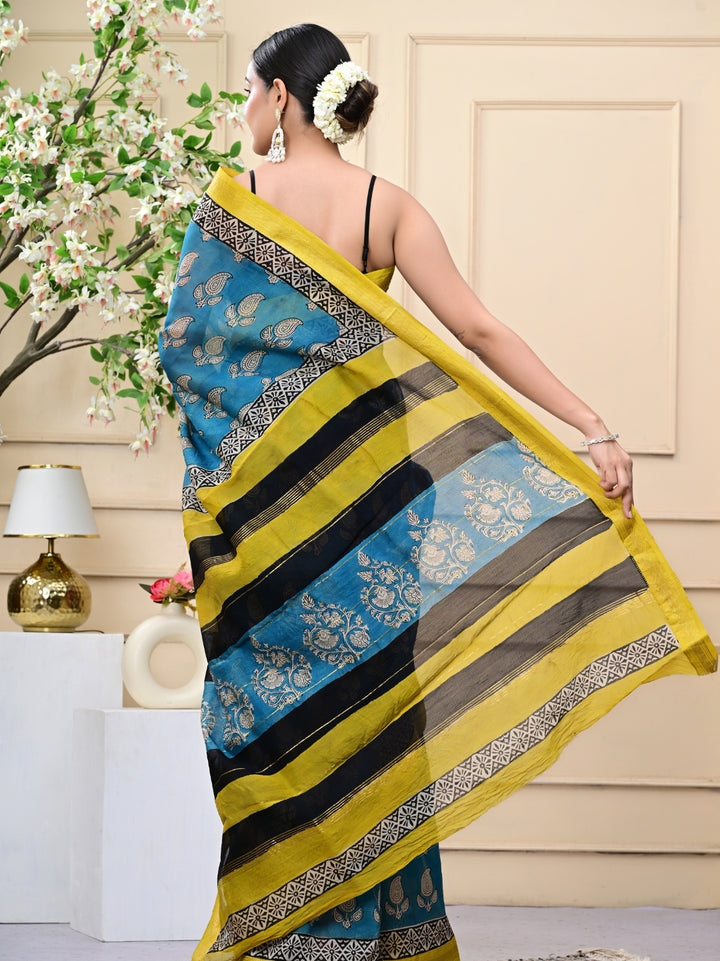 Carry Design Bagru Handblock Printed Maheshwari Silk Sarees