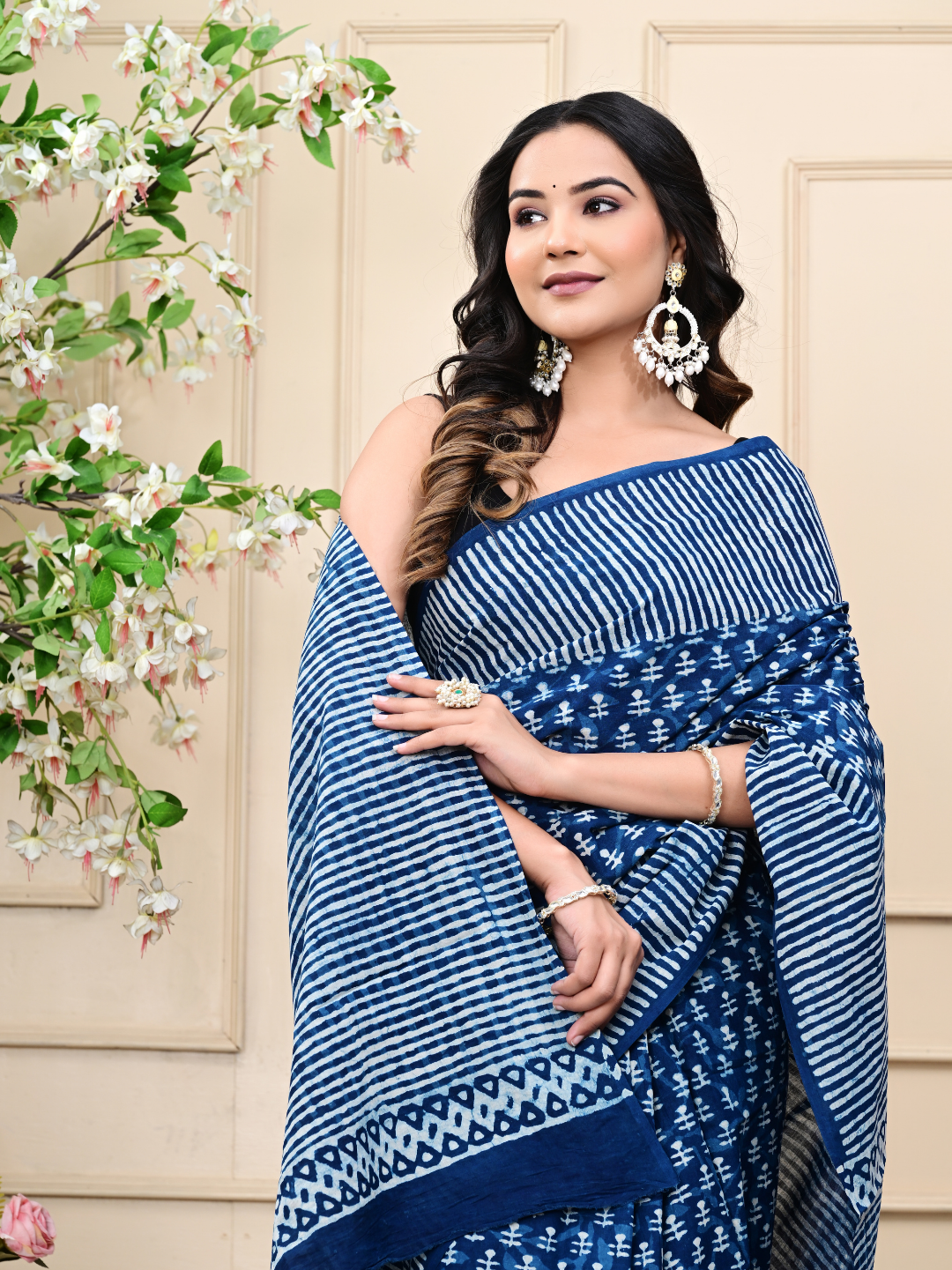 Traditional Indigo Fashion Mulmul Cotton Saree