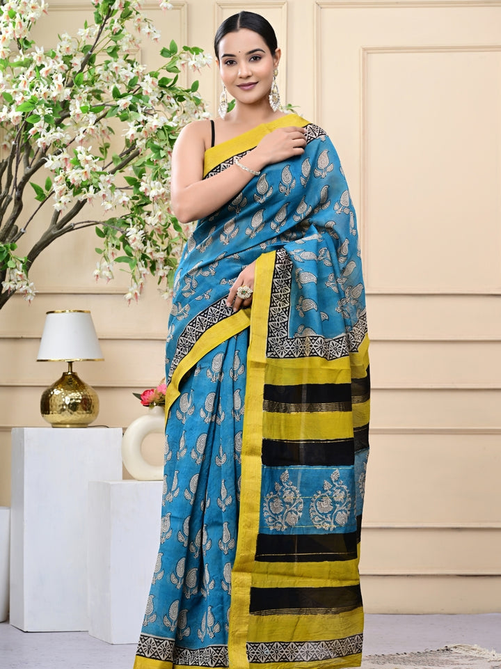 Carry Design Bagru Handblock Printed Maheshwari Silk Sarees