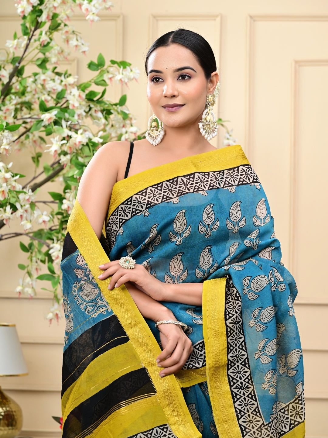 Carry Design Bagru Handblock Printed Maheshwari Silk Sarees