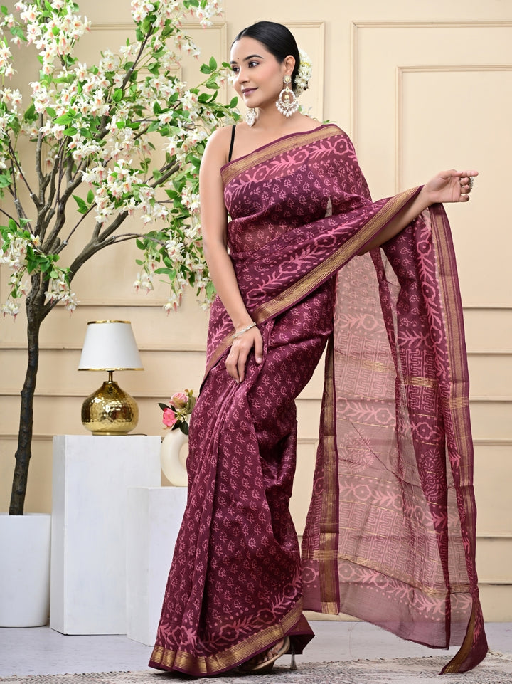 Wine Handblock Printed Maheshwari Silk Sarees With Blouse
