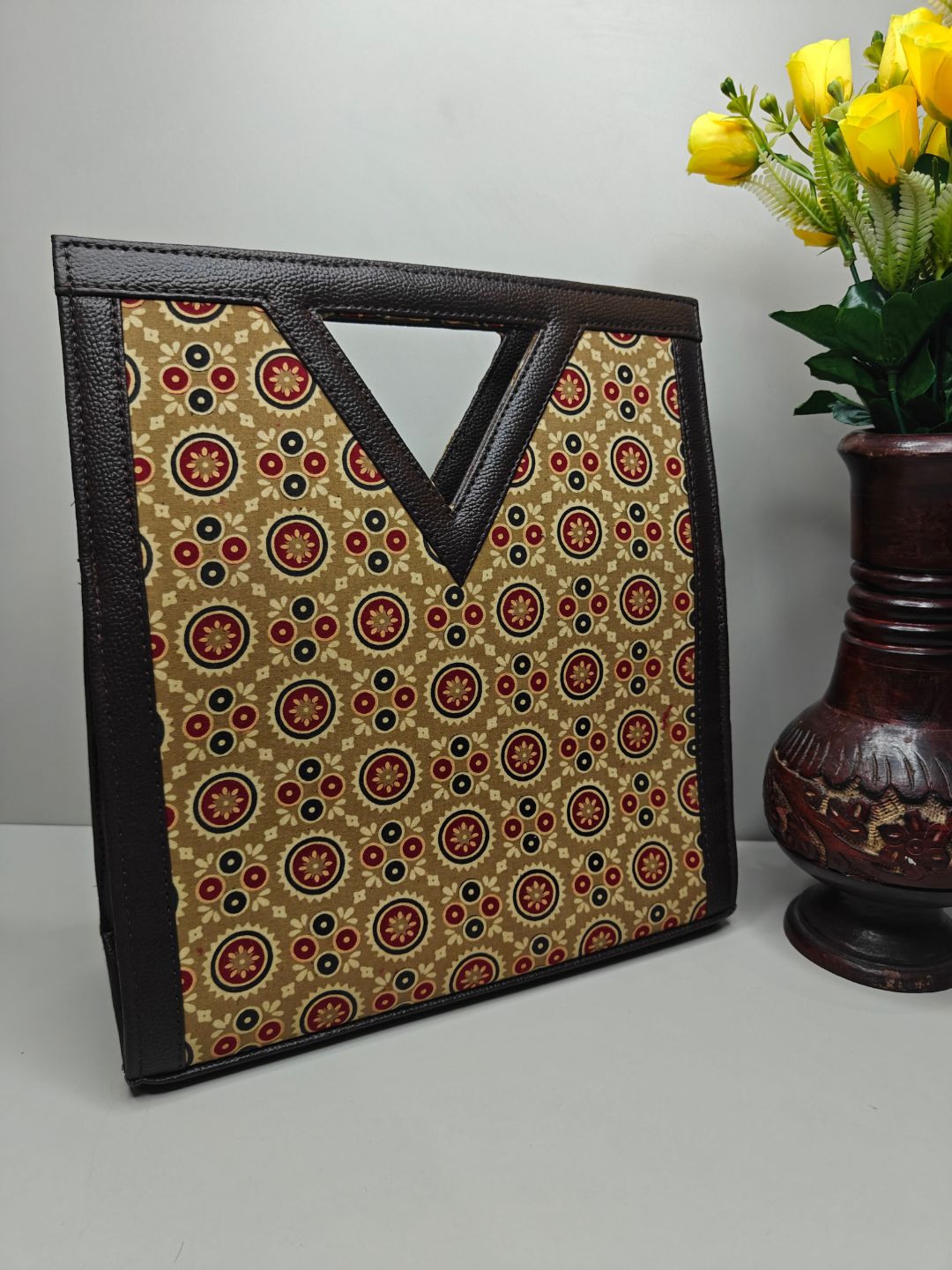 Mustard Yellow Ajrakh PrintCotton Fabric Kit-Kat (V Cut) Hand Bag