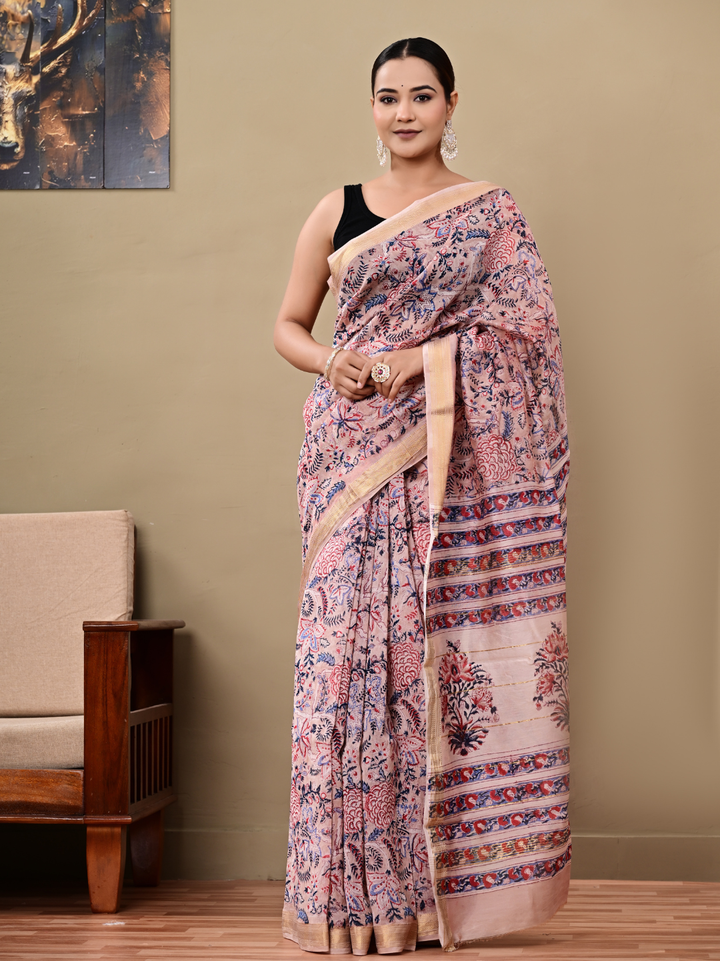Bagru Block Printed Maheshwari Silk Saree