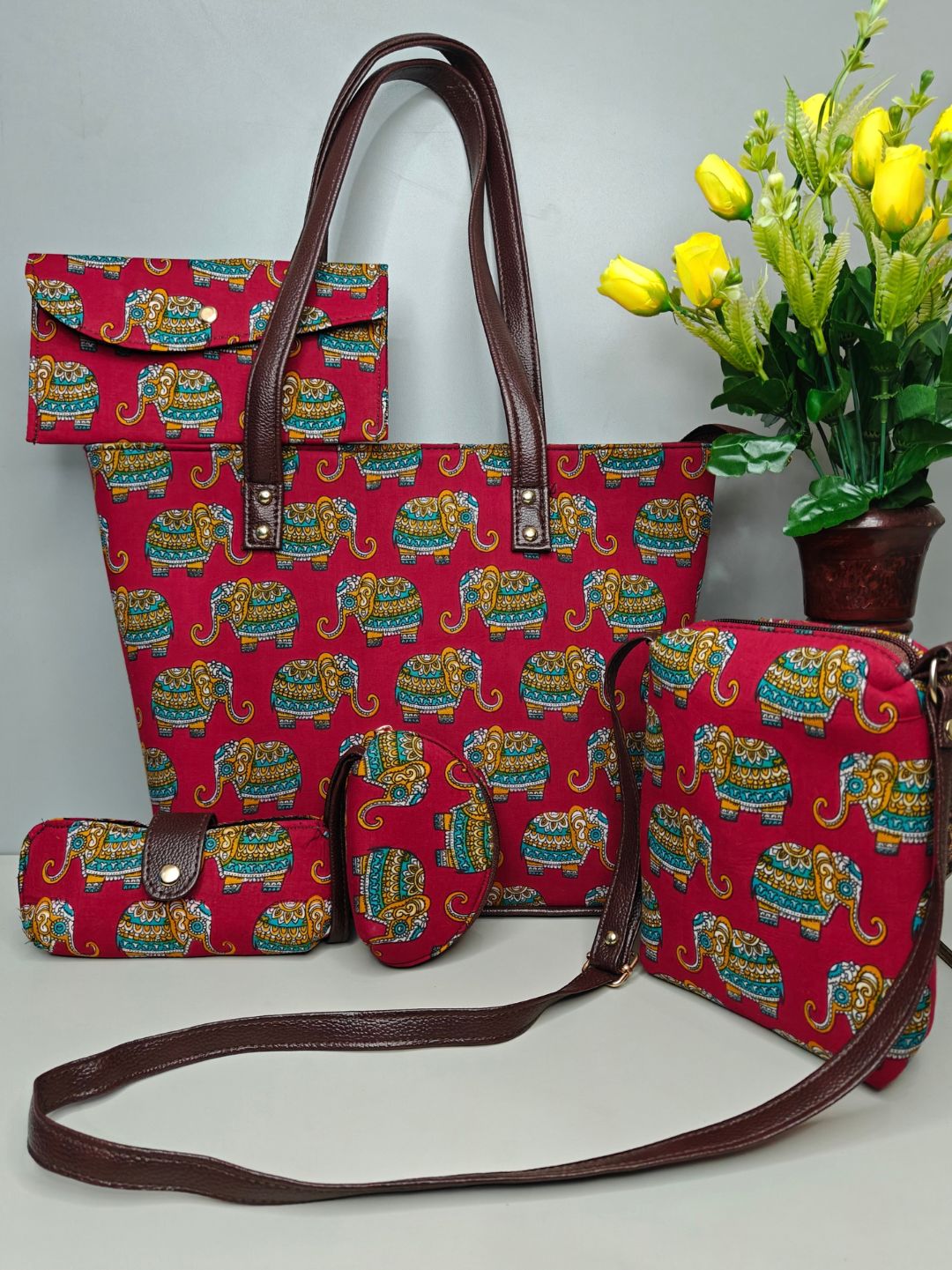 Red Elephant Design BagruCotton 5-piece Combo Set Hand Bags