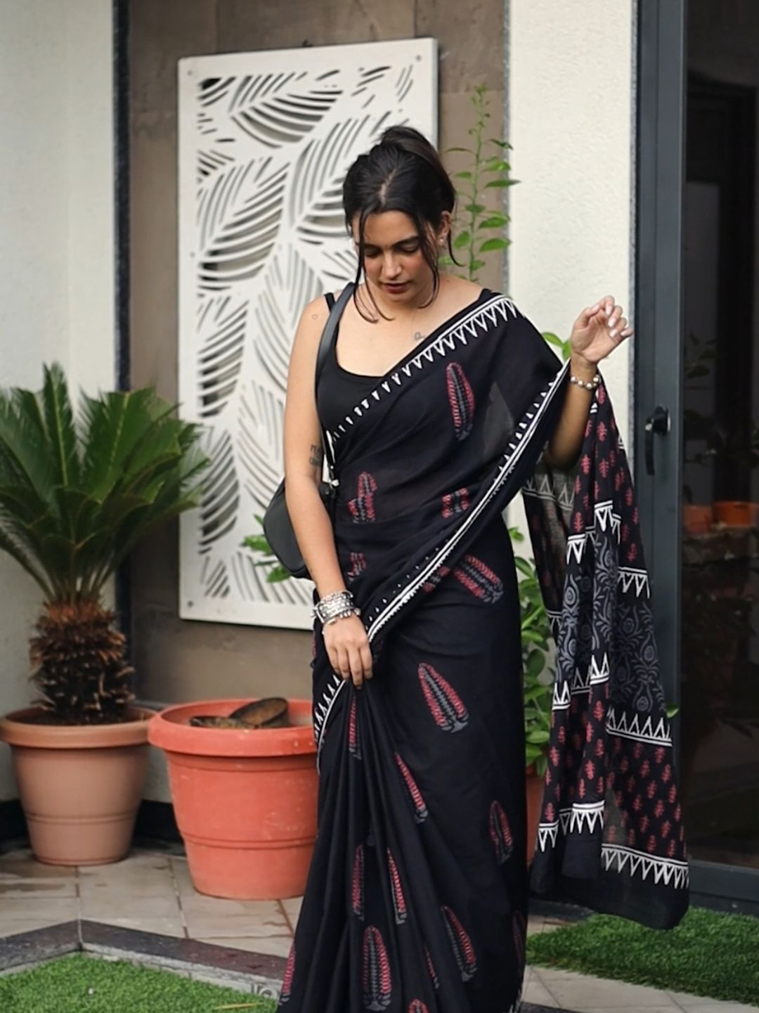 Black in White Premium HandBlock Pure Mul Cotton Saree