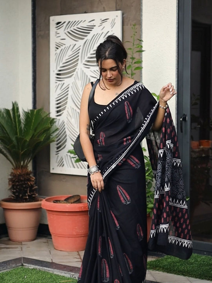 Black in White Premium HandBlock Pure Mul Cotton Saree