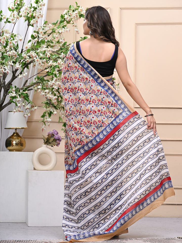 Premium Handblock Beige Mulmul Cotton Saree with Blouse
