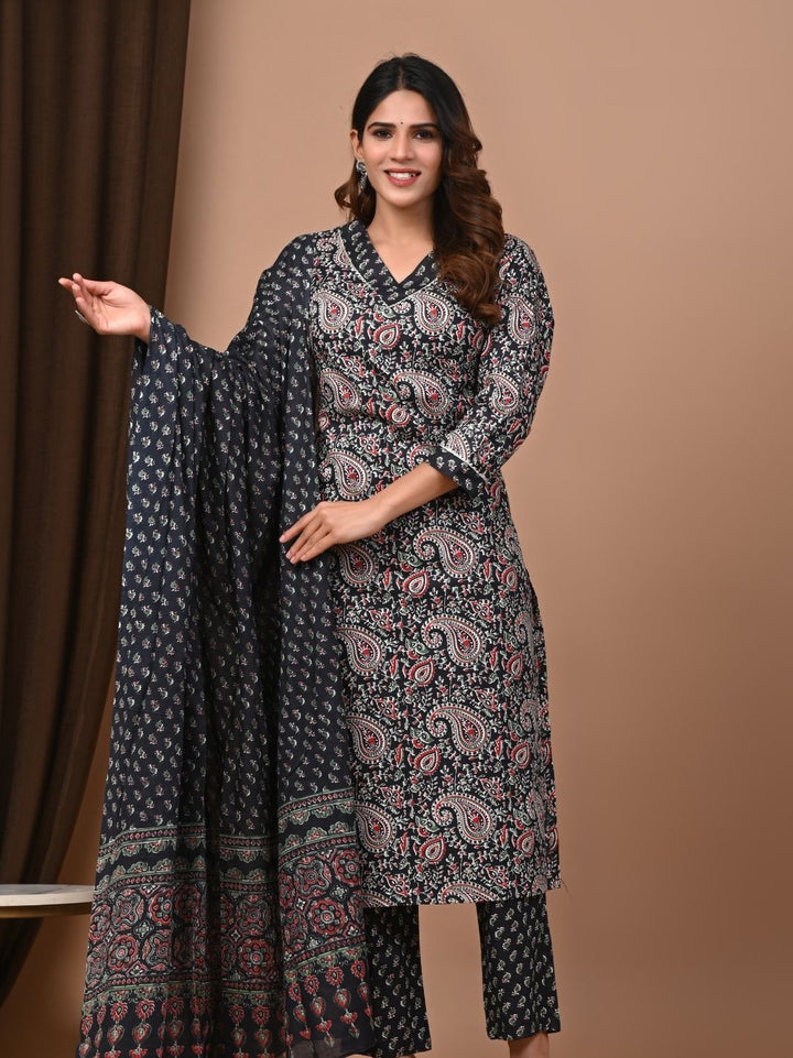 All Time Favorite Black Cotton Stitched Suit with Mulmul Dupatta