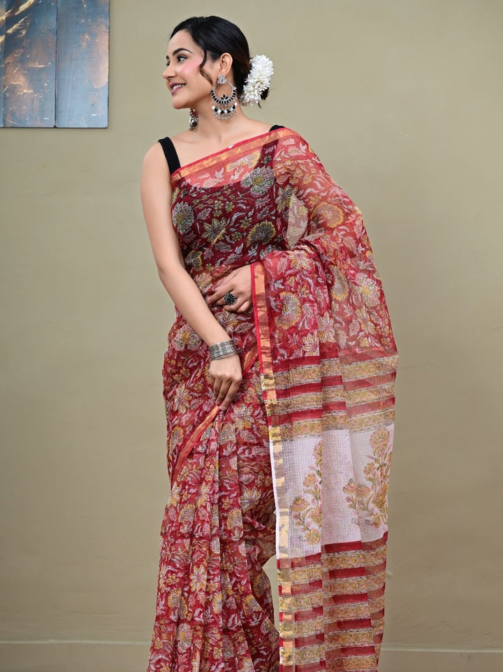 Red Jaal Design HandBlock Pure Kota Doriya Saree