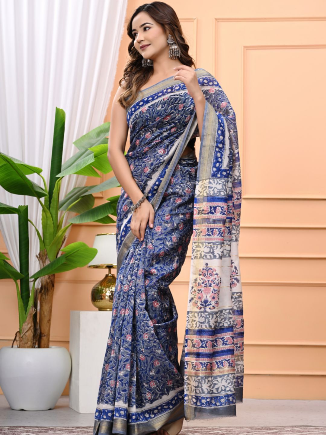 Exclusive Rapid Hand Block Printed Maheshwari Silk Saree