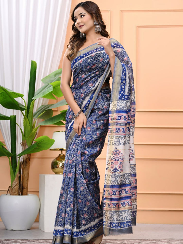 Exclusive Rapid Hand Block Printed Maheshwari Silk Saree