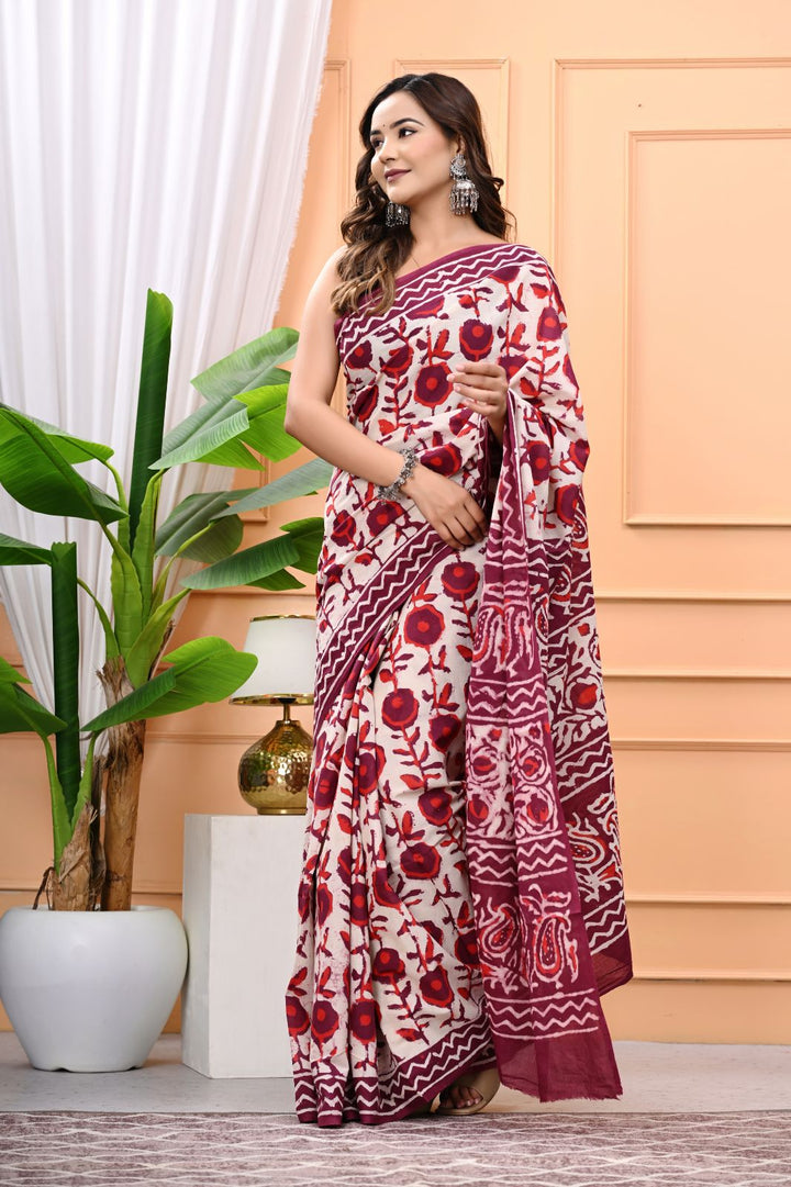 Natural Dabu Hand Block Printed Mulmul Cotton Saree