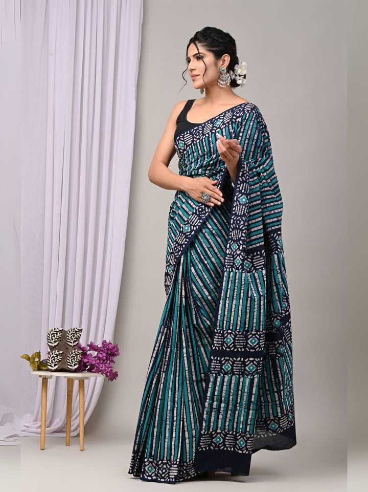 Green & Navy Blue Batik Print Handblock Printed Mulmul Cotton Saree