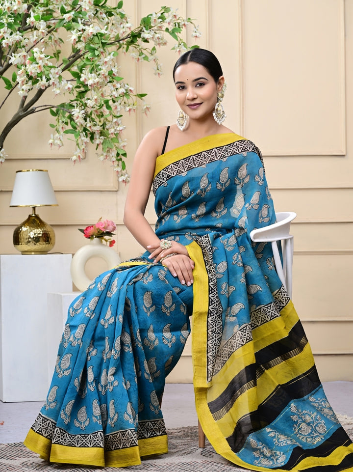Carry Design Bagru Handblock Printed Maheshwari Silk Sarees