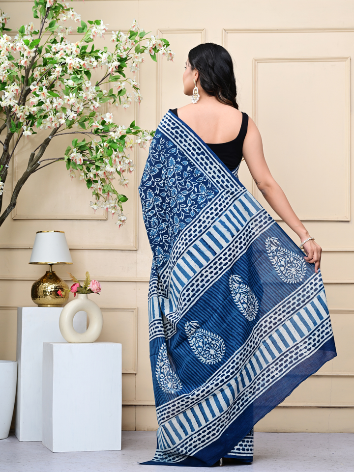 Indigo Jaal Hand-Block Print Mulmul Cotton Saree