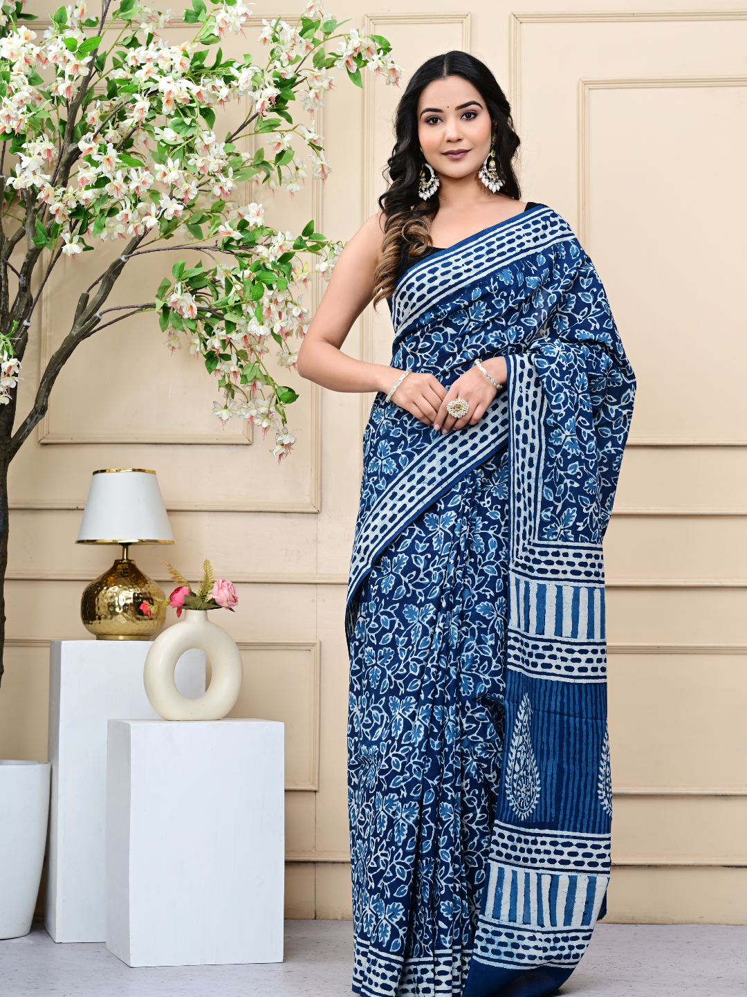 Indigo Jaal Hand-Block Print Mulmul Cotton Saree