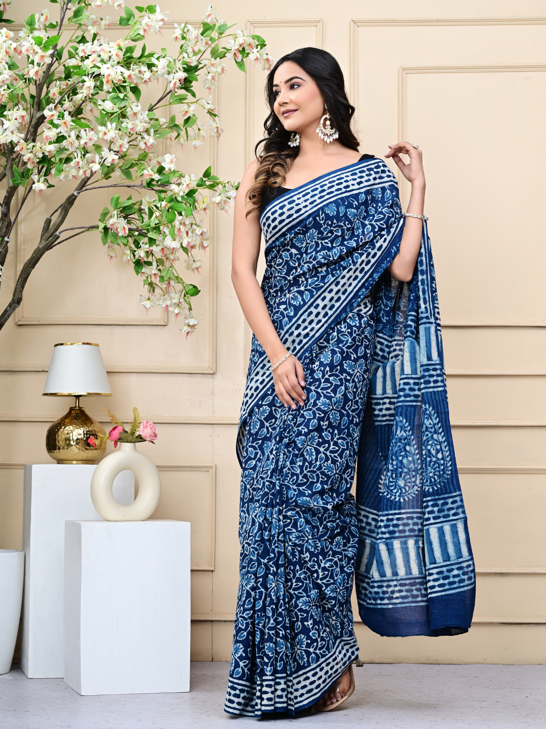 Indigo Jaal Hand-Block Print Mulmul Cotton Saree