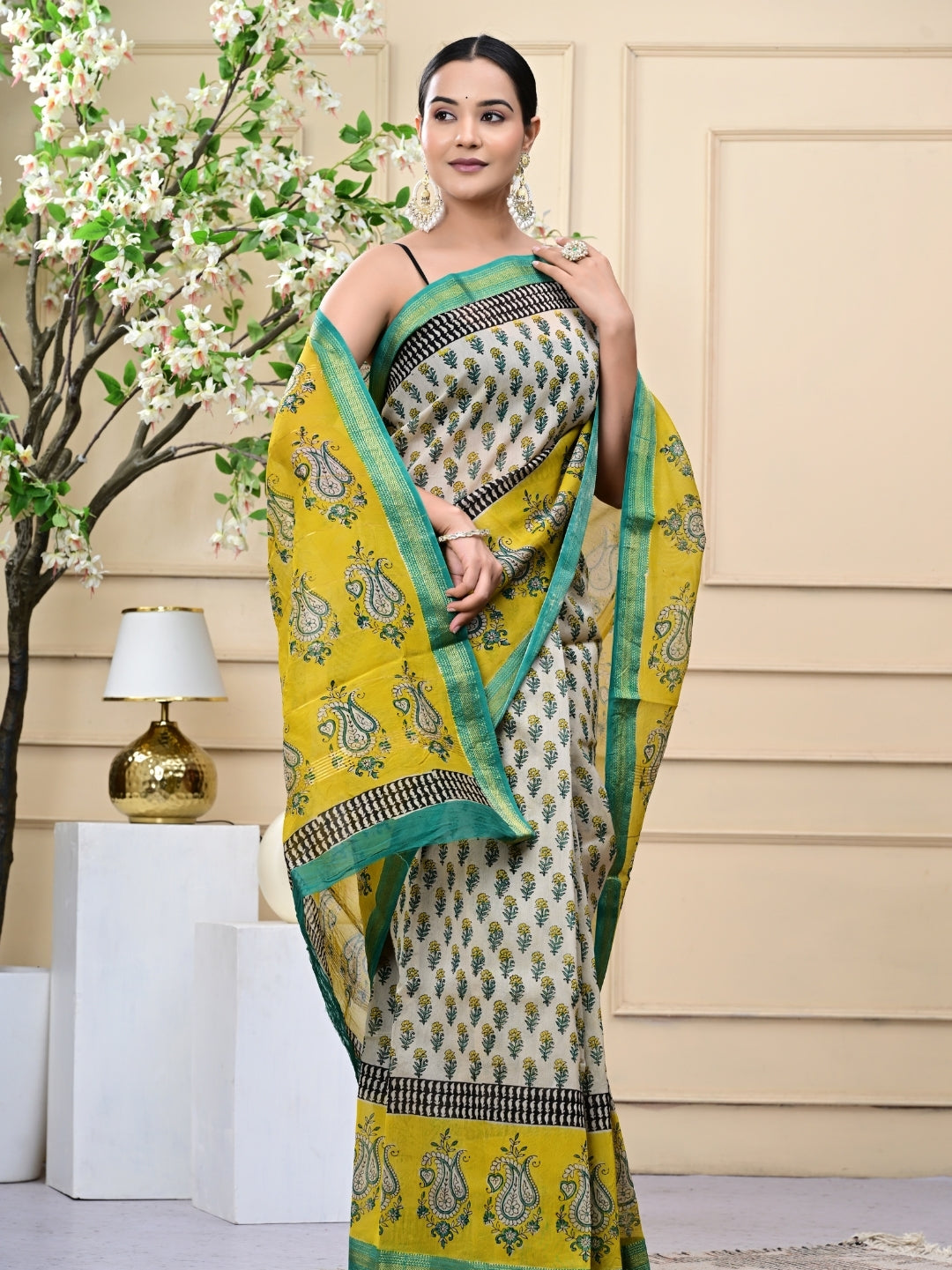 Premium Bagru Handblock Printed Maheshwari Silk Sarees