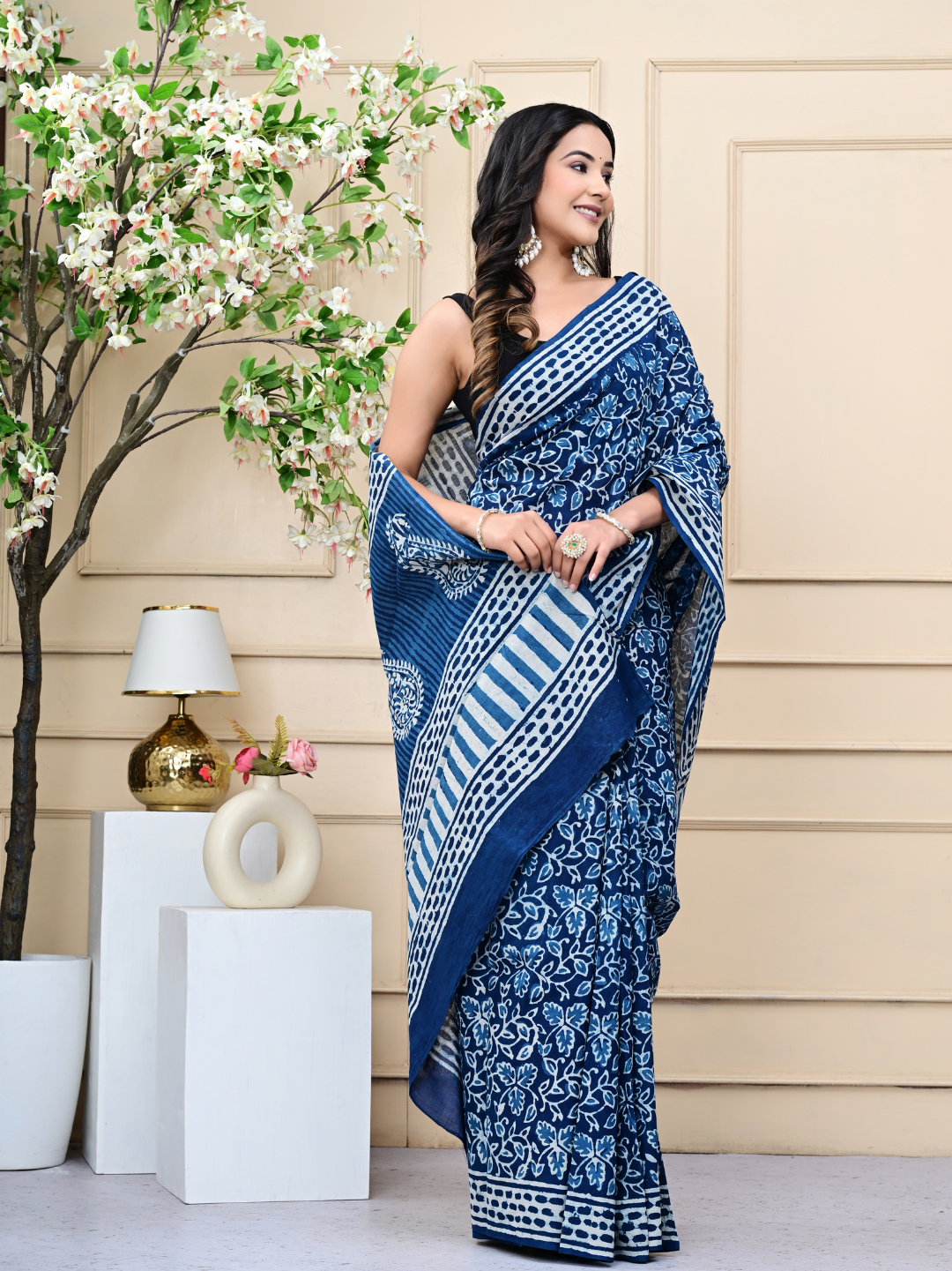 Indigo Jaal Hand-Block Print Mulmul Cotton Saree